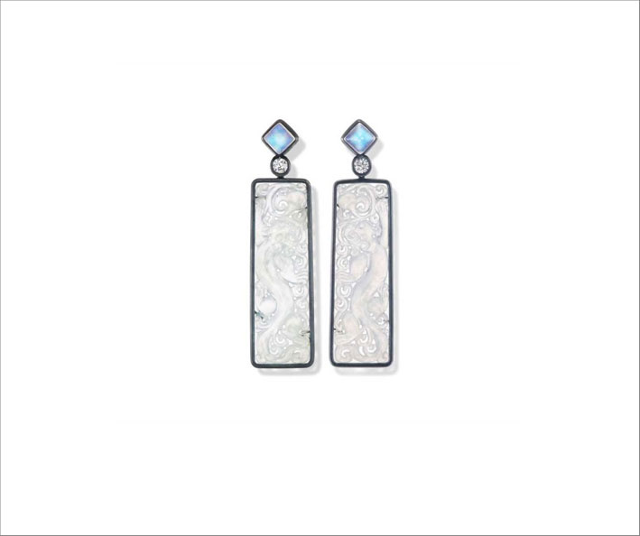 White jadeite moonstone and diamond in blackened sterling earrings