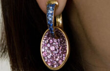 Gold earrings with blue and purple sapphires