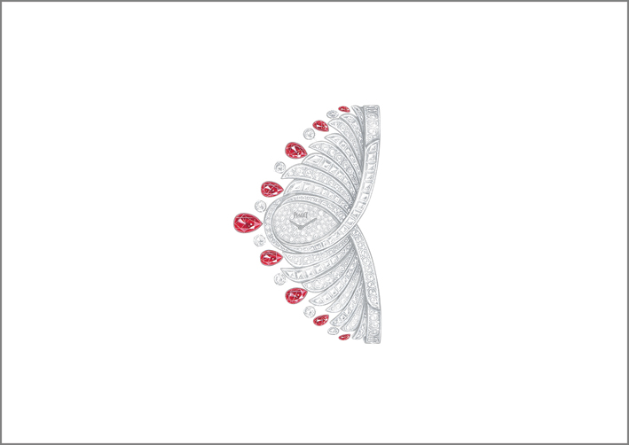 Blazing Night cuff watch. 18K white gold cuff watch set with 9 pear-shaped rubies from Mozambique (approx. 7.12 cts), baguette-cut diamonds and brilliant-cut diamonds. Diamond-paved dial- Piaget manufacture 56P quartz movement