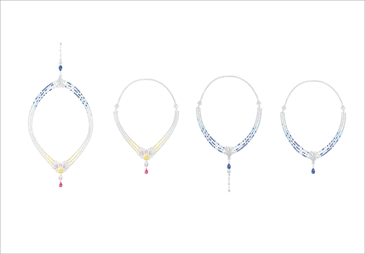 18K white gold necklace set with 1 cushion-cut yellow diamond (approx. 8.88 cts, FVY-IF), 1 pear-shaped blue sapphire from Sri Lanka (approx. 5.34 cts), 1 pear-shaped spinel (approx. 3.61 cts), round-cut red spinels, round-cut spessartites, round-cut blue sapphires, brilliant-cut yellow diamonds, marquise-cut diamonds, baguette-cut diamonds, brilliant-cut diamonds, white pearls Low back necklace with 9 different ways to wear 