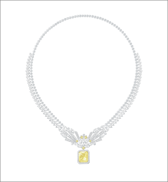 18K white gold necklace set with 1 radiant-cut yellow diamond (approx. 10.12 cts, FIY-VS1), square-cut yellow diamonds, square-cut diamonds, marquise-cut diamonds, baguette-cut diamonds and brilliant-cut diamonds Transformable creation: 3 different ways to wear. The radiant-cut diamond can be removed and worn as a ring. The neckline can also be worn without the radiant-cut diamond