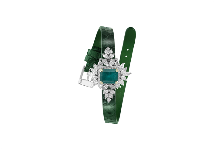 Bracciale con diamanti e smeraldo, cinturino di pelle verde