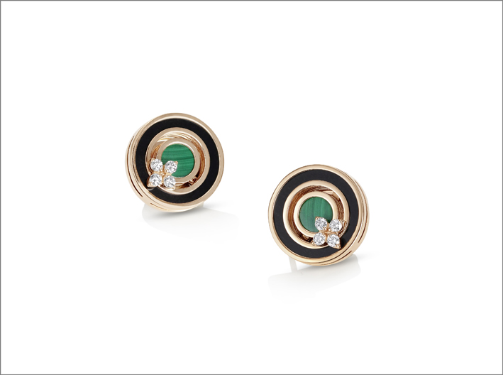 Round design earrings in rose gold with malachite, black jade and diamonds