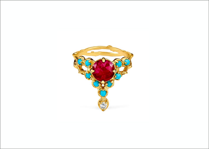Anello con un rubino taglio rosa, diamanti, turchesi