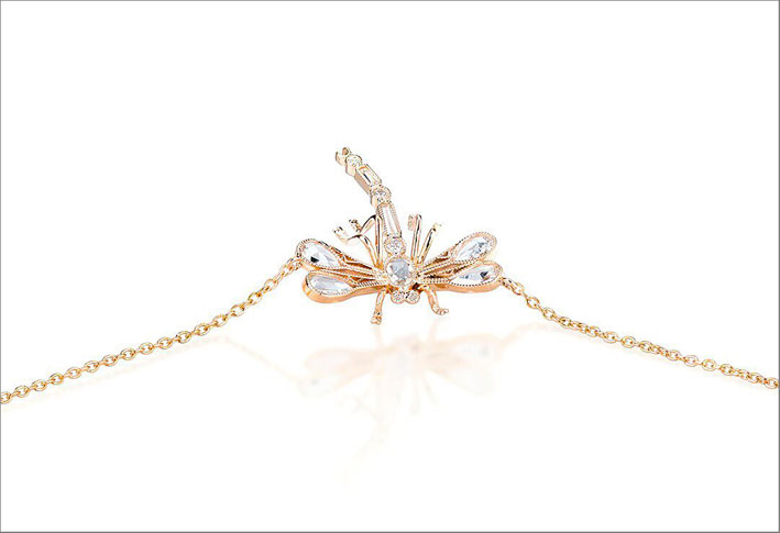 Collana Dragonfly in oro rosa 18 carati e diamanti taglio rosa