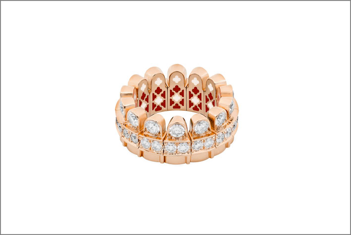 Anello in oro rosa 18 carati, 45 diamanti. Grazie alla tecnica  Abrazo l'anello si adatta alle taglie 6-10