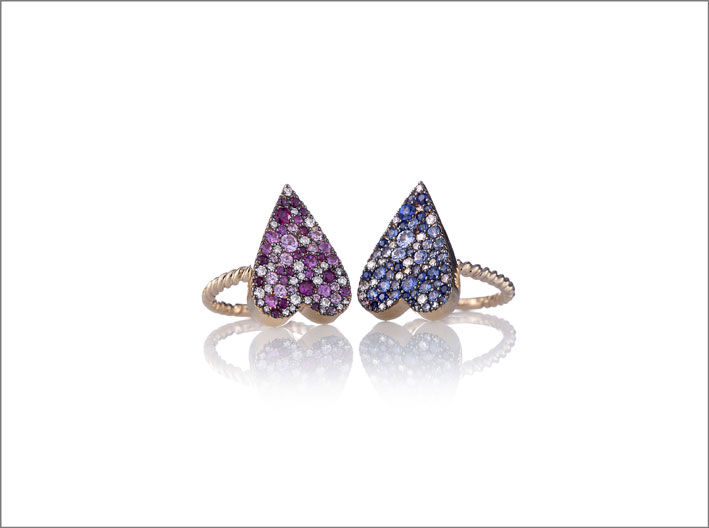 Anelli Give Love in oro 9 o 18 carati con pavé di zaffiri, diamanti e rubini