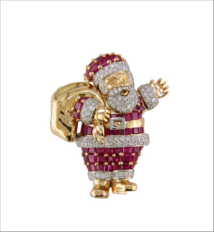 Oscar Heyman, storica spilla Santa Claus in oro, platino, diamanti, rubini
