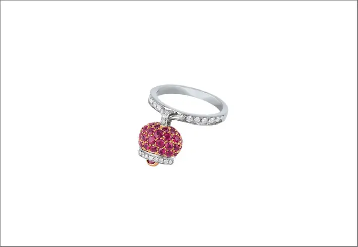 Anello Campanella in oro rosa e bianco 18 carati, diamanti e pavé di rubini