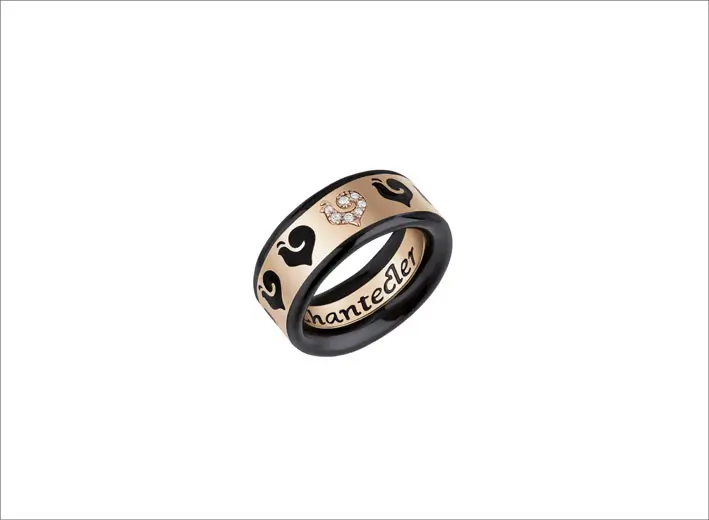 Carousèl wedding band in 18Kt pink gold, diamond-paved rooster and black enamel