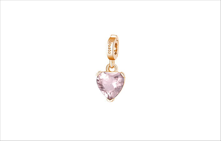 Charm in argento 925, galvanica oro rosa a forma di cuore con quarzo rosa