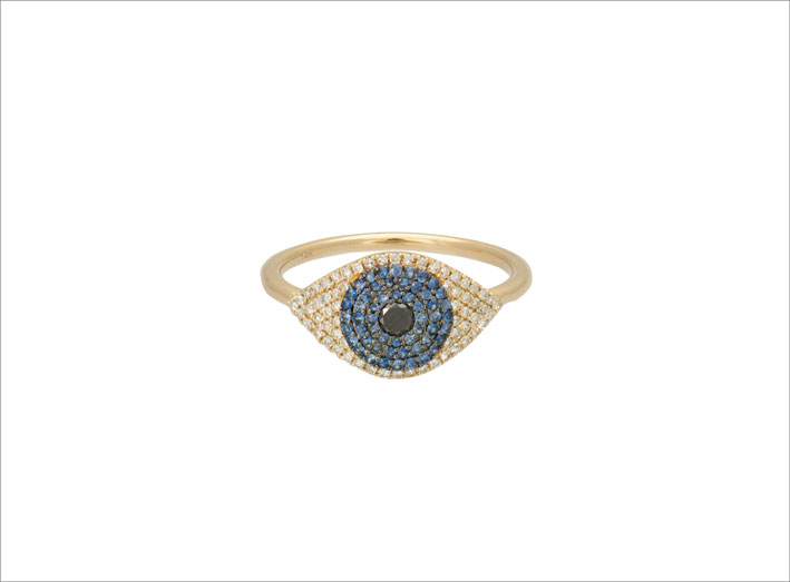 Large Pavé Evil Eye Ring, 14k Gold, White Diamond, Black Diamond, Sapphire