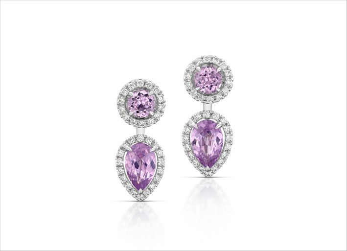 Orecchini con diamanti e spinelli viola-rosa