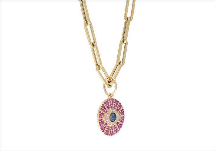 Pavé Evil Eye Necklace, 14k Gold, Diamond, Rubies, Sapphires