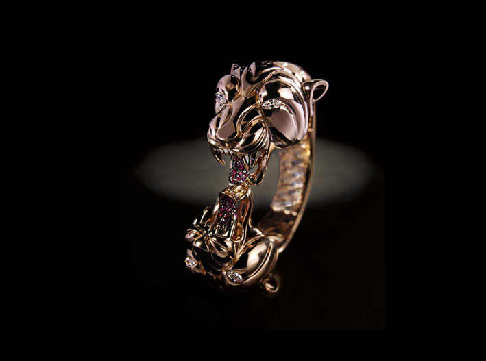 Bracciale tigre di Paolo Piovan, in oro rosa e rubini
