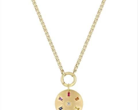 Collana in oro 14 carati con pendente, rubini, zaffiro blu, arancione e giallo, smeraldo, ametista