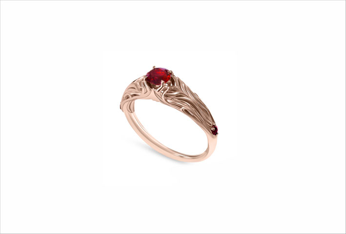 Anello di fidanzamento elfico in oro rosa e rubini
