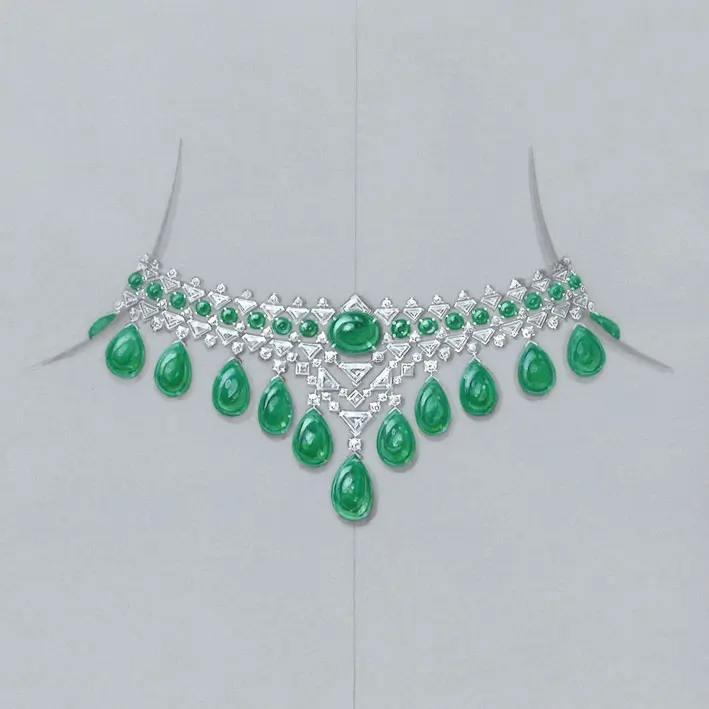 Bozzetto di collana con smeraldi e diamanti del 1962