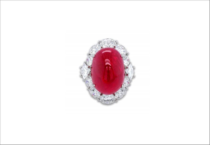 Ring featuring a remarkable natural unheated 20.24 carat cabochon Burma ruby and 6