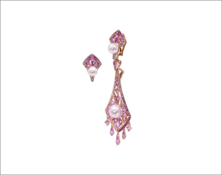 Orecchini Pink Shirazi in oro rosa, diamanti, zaffiri rosa, perle