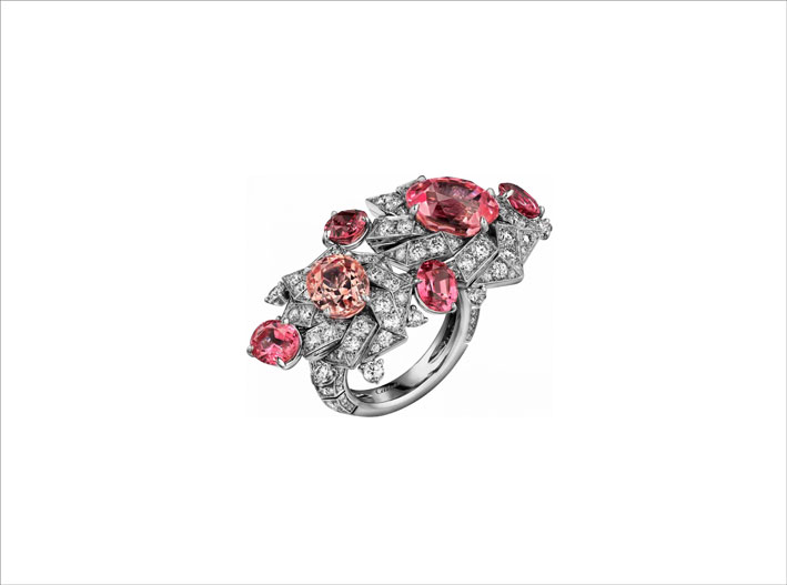 Tilasm, anello in platino, con zaffiri rosa e diamanti rosa