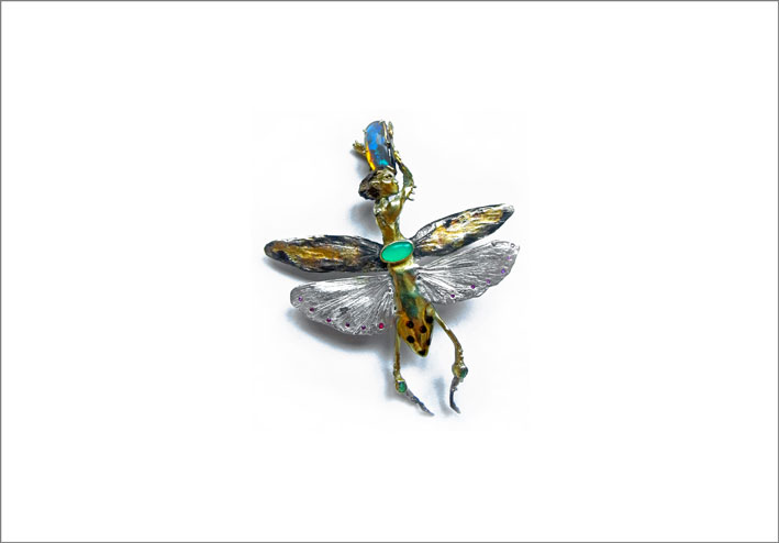 Virgo Mantis, in argento, oro, rubini, tsavorite, crisoprasio, opale