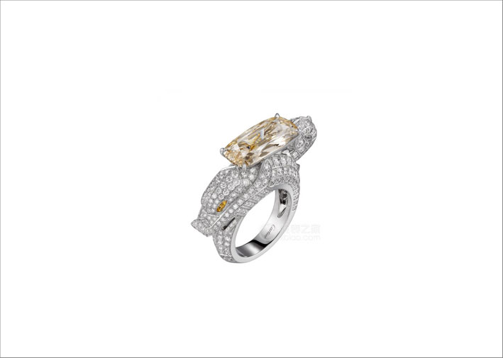 Scilla, anello in oro bianco, diamanti brown e gialli