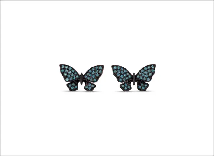 Orecchini farfalla in oro bianco 14 carati e diamanti bianchi e blu