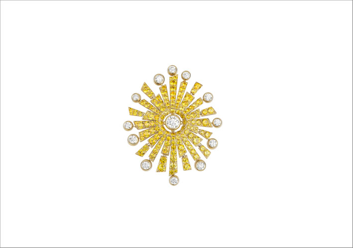 Spilla Soleil Doré in oro bianco, oro giallo, diamanti e diamanti gialli