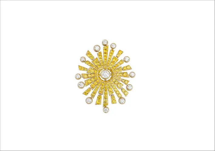 Spilla Soleil Doré in oro bianco, oro giallo, diamanti e diamanti gialli