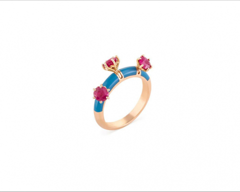 Anello Stella Divina, in oro 18 carati, smalto, rubini