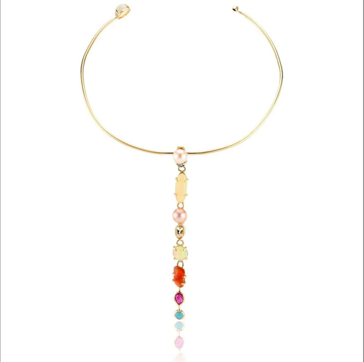 Collana con turchese, rubino, opale di fuoco, opale etiope, cristallo di rocca, perle di acqua dolce