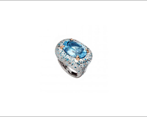 Anello in argento 925 smaltato in azzurro, oro rosa 9 carati, topazio azzurro taglio ovale