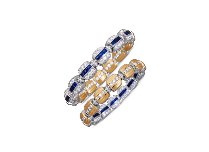 Bracciale reversibile in oro giallo e bianco, diamanti, zaffiri blu 