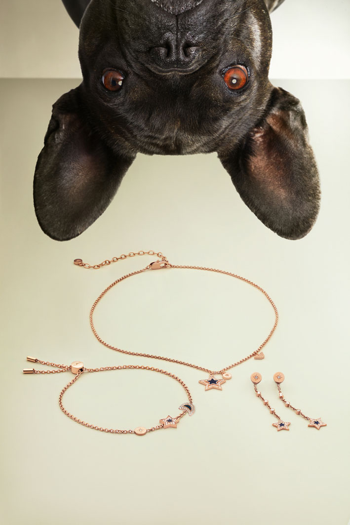 Bulldog francese con bracciali, collana e orecchini