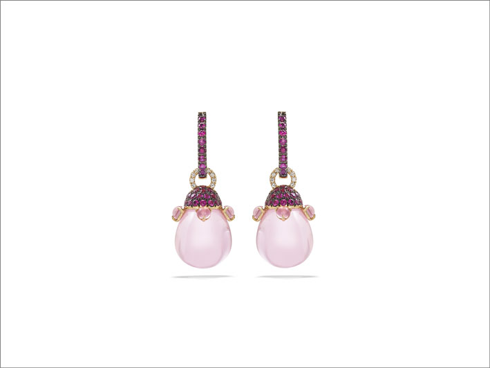 Orecchini Joyful in oro rosa 18Kt, diamanti, zaffiri rosa e poire in cristallo color rosa