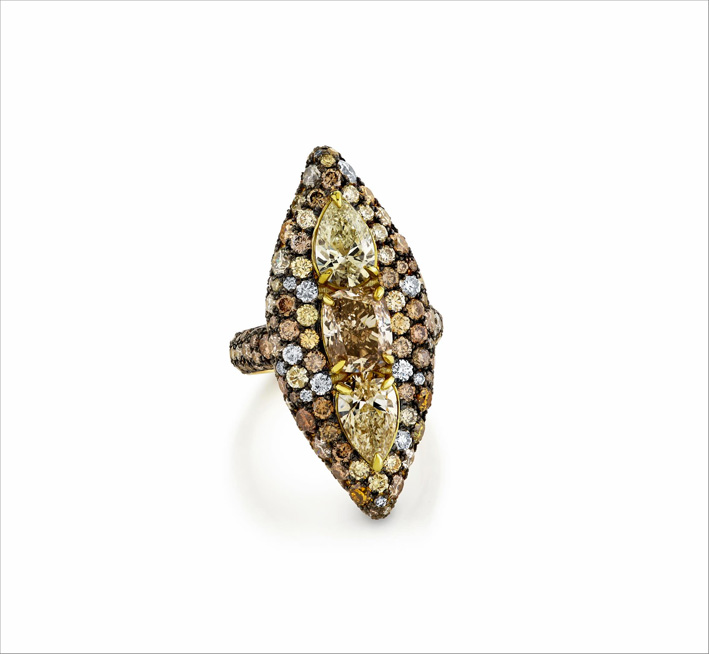 Jared Lehr, jewels for the stars 3 Anello con diamanti brown, yellow, champagne