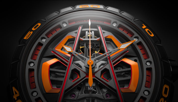 L’orologioè alimentato dal calibro RD630,  progettato per riflettere le prese d’aria esagonali delle auto da corsa Lamborghini Squadra Corse