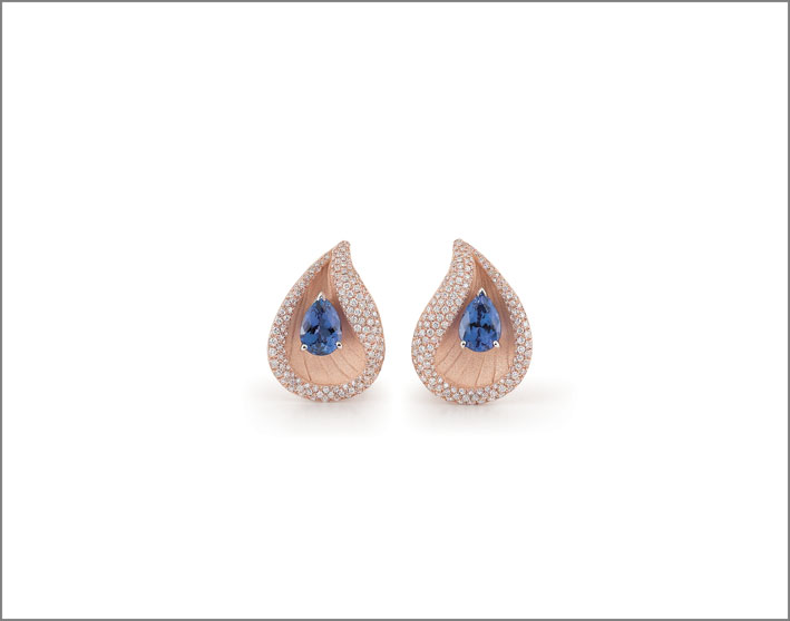 Prestige Series Earrings, 18Kt Pink Champagne Gold with Tanzanite and Diamonds