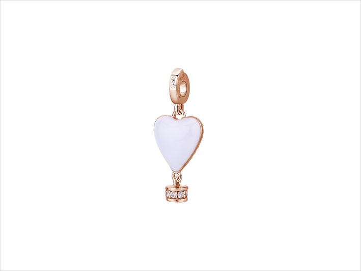 Charm Storie argento , galvanica oro rosa a forma di mongolfiera a cuore, smalto bianco e cubic zirconia