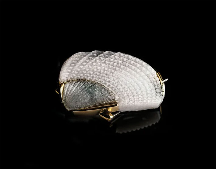 Spilla Digital Precious broochLa, presenta la prima fase di sviluppo di un nuovo metodo di produzione di gioielli preziosi utilizzando polimeri stampati in 3D, combinati con metallo fuso