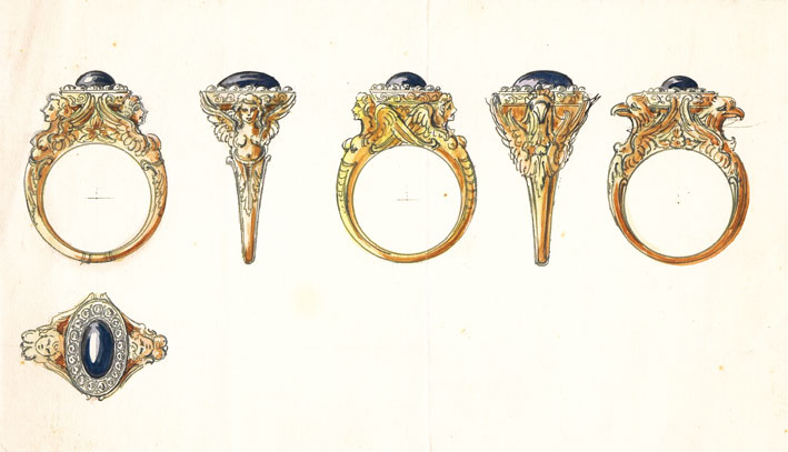 Disegno per anelli in oro in stile Cinquecento, matita, inchiostro, acquerello su carta, anni ’30 del Novecento. Archivio Fratelli Peruzzi