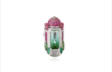 Anello Taj Mahal, con una tormalina di 27,24 carati, tsavorite, pietra di luna, rubino, diamante, zaffiro rosa, oro