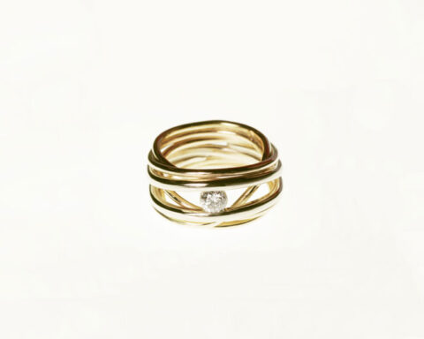 Vite, anello con filo di oro rosa e bianco, diamante