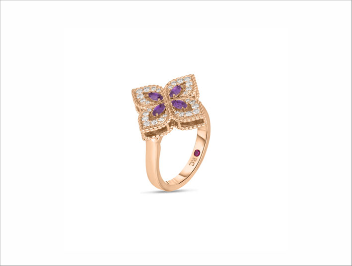 Ring in pink gold, diamonds, amethyst
