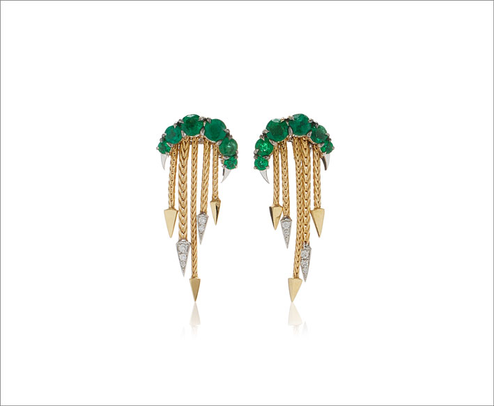 Gold 18k yellow and white gold, emerald, diamonds earrings