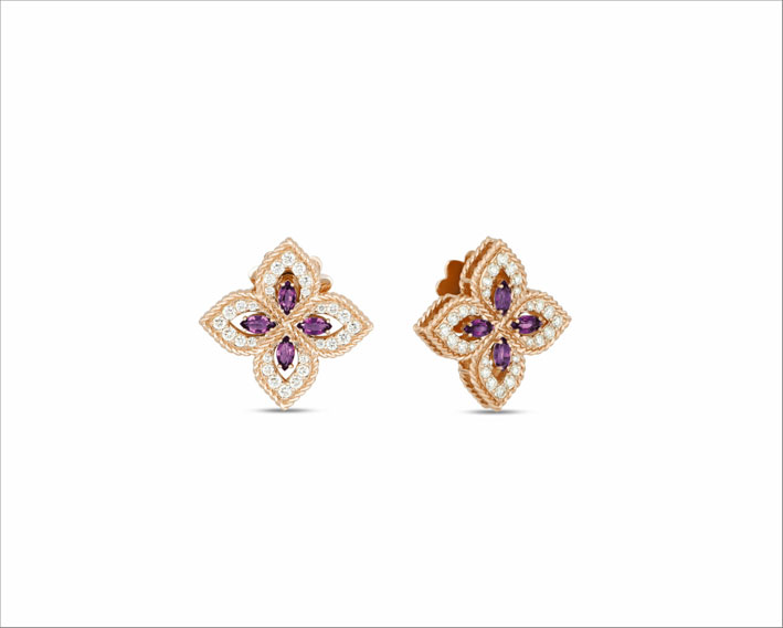 Earrings in rose gold, diamonds and amethyst