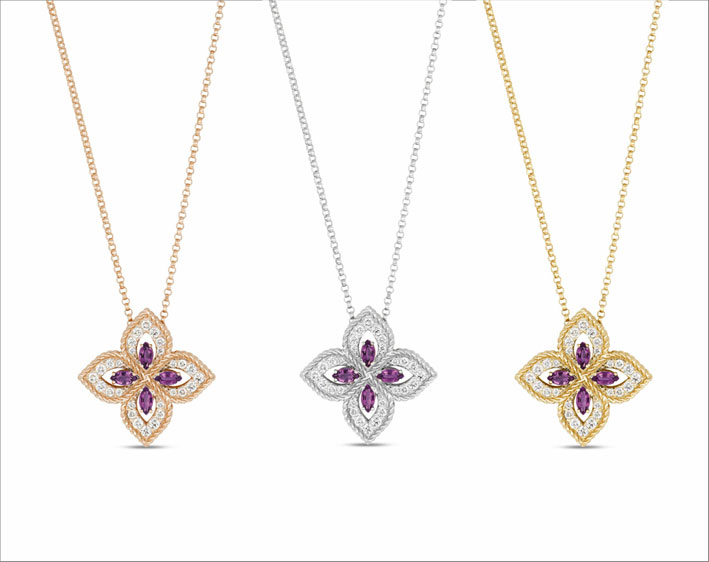 Gold necklaces with diamonds and amethyst