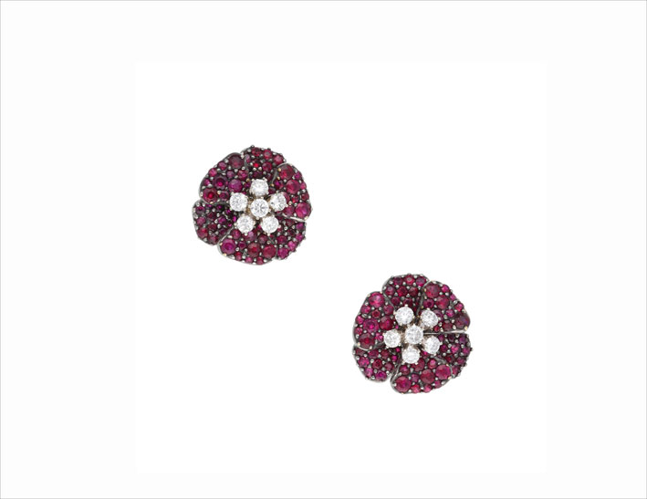 Gold black rhodium, diamond and ruby flower earclips
