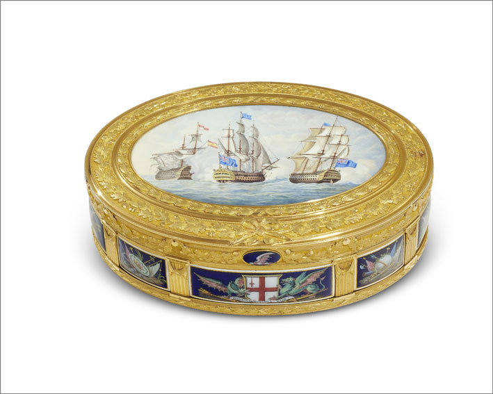 George III enamelled two-colour gold freedom box with mark of James Morisset, London, 1797, offered alongside other presents awarded to Vice Admiral and Third in Command,the Hon. William Waldegrave on 1st June 1797 for the Battle of St. Vincent